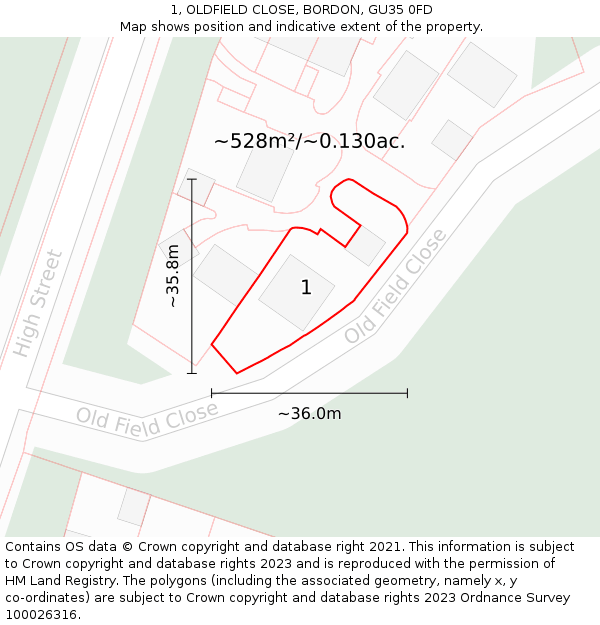 1, OLDFIELD CLOSE, BORDON, GU35 0FD: Plot and title map