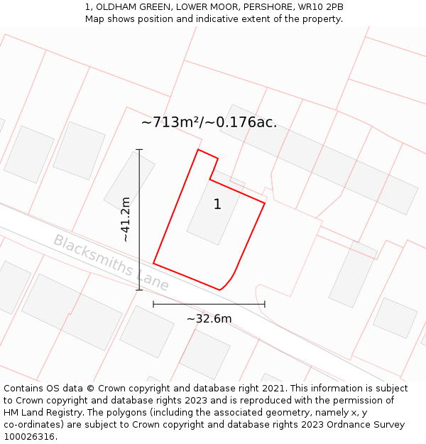 1, OLDHAM GREEN, LOWER MOOR, PERSHORE, WR10 2PB: Plot and title map