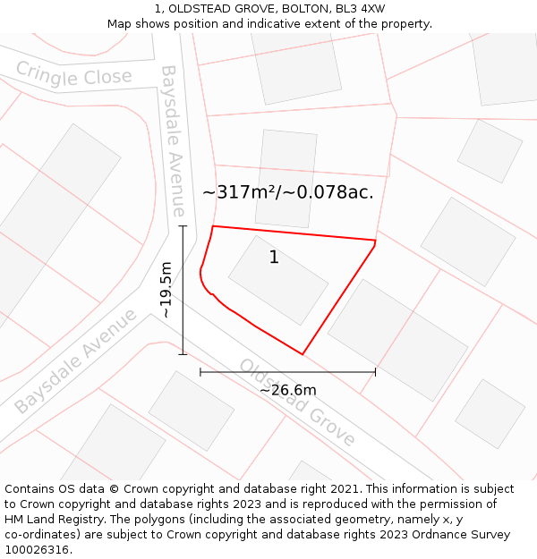 1, OLDSTEAD GROVE, BOLTON, BL3 4XW: Plot and title map