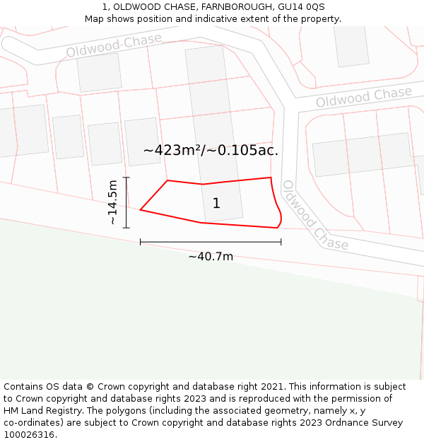 1, OLDWOOD CHASE, FARNBOROUGH, GU14 0QS: Plot and title map