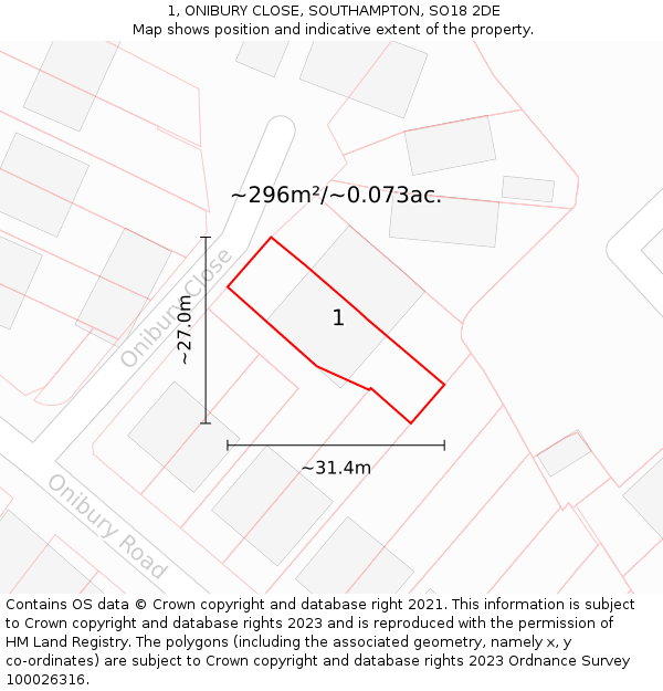 1, ONIBURY CLOSE, SOUTHAMPTON, SO18 2DE: Plot and title map