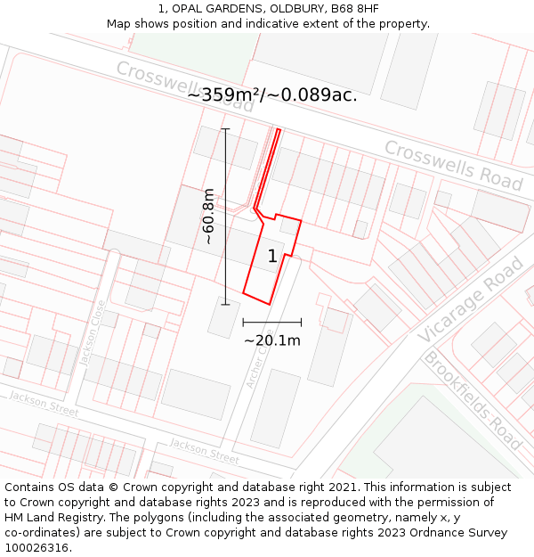 1, OPAL GARDENS, OLDBURY, B68 8HF: Plot and title map