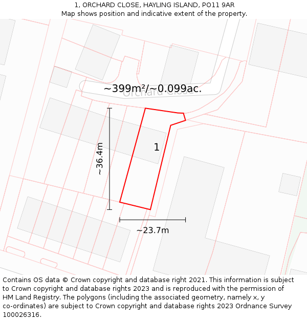 1, ORCHARD CLOSE, HAYLING ISLAND, PO11 9AR: Plot and title map