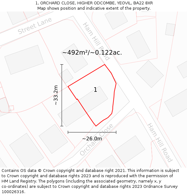 1, ORCHARD CLOSE, HIGHER ODCOMBE, YEOVIL, BA22 8XR: Plot and title map