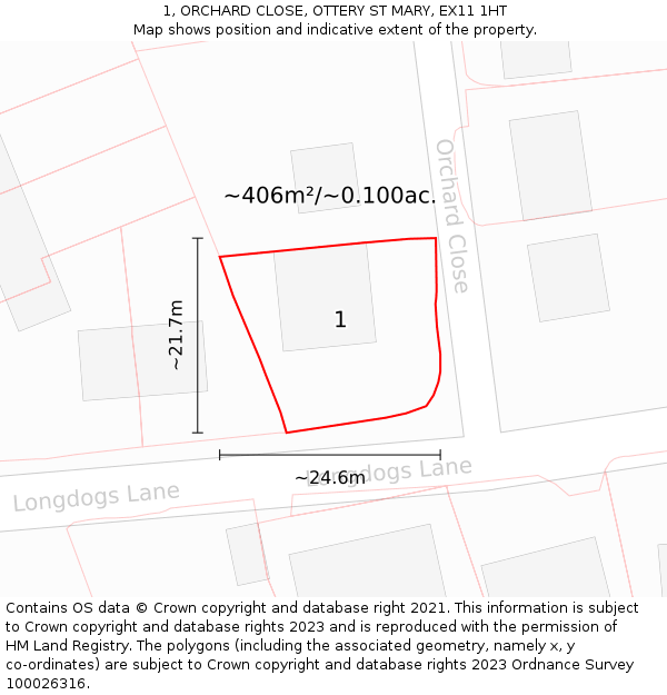 1, ORCHARD CLOSE, OTTERY ST MARY, EX11 1HT: Plot and title map