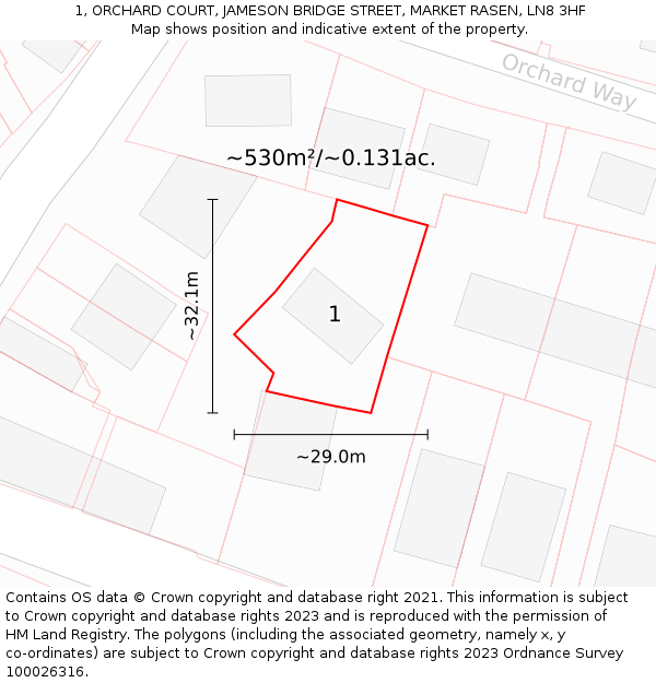 1, ORCHARD COURT, JAMESON BRIDGE STREET, MARKET RASEN, LN8 3HF: Plot and title map