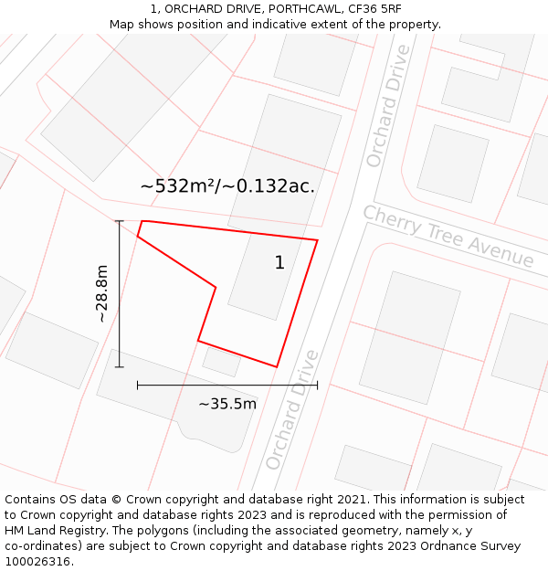 1, ORCHARD DRIVE, PORTHCAWL, CF36 5RF: Plot and title map