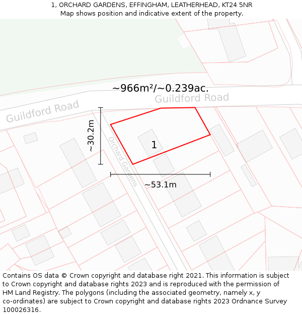 1, ORCHARD GARDENS, EFFINGHAM, LEATHERHEAD, KT24 5NR: Plot and title map