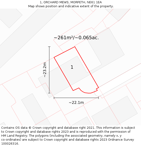 1, ORCHARD MEWS, MORPETH, NE61 1EA: Plot and title map