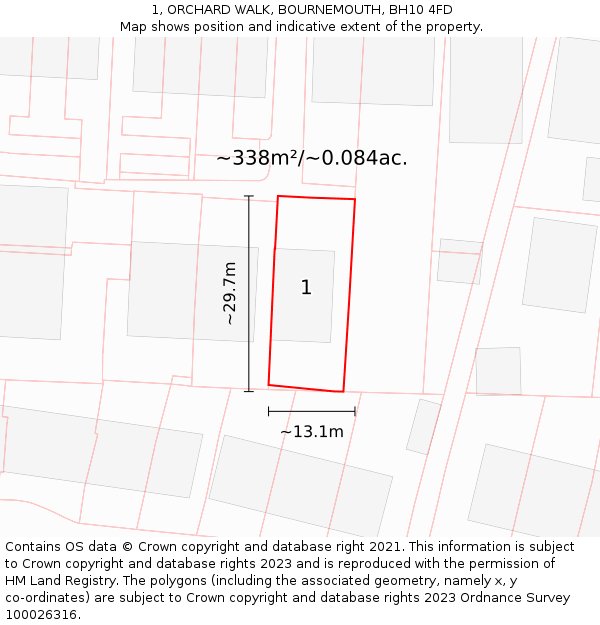 1, ORCHARD WALK, BOURNEMOUTH, BH10 4FD: Plot and title map