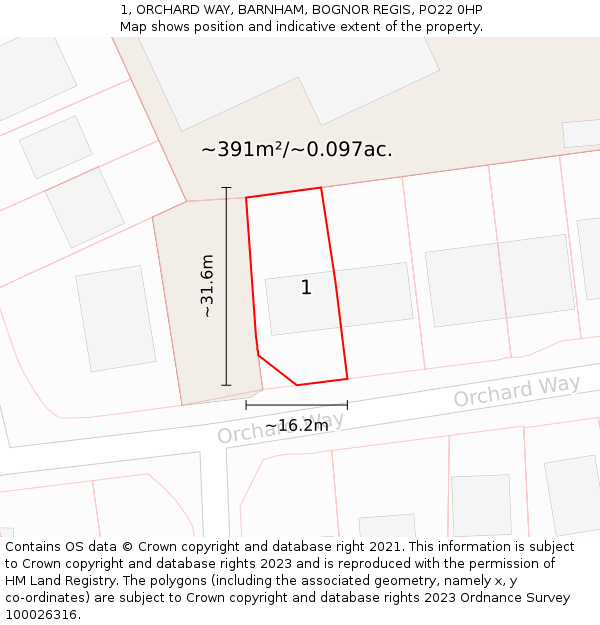 1, ORCHARD WAY, BARNHAM, BOGNOR REGIS, PO22 0HP: Plot and title map