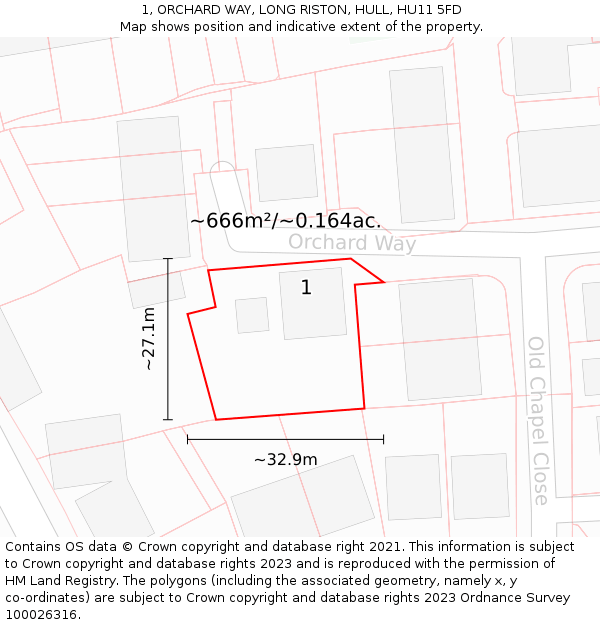 1, ORCHARD WAY, LONG RISTON, HULL, HU11 5FD: Plot and title map