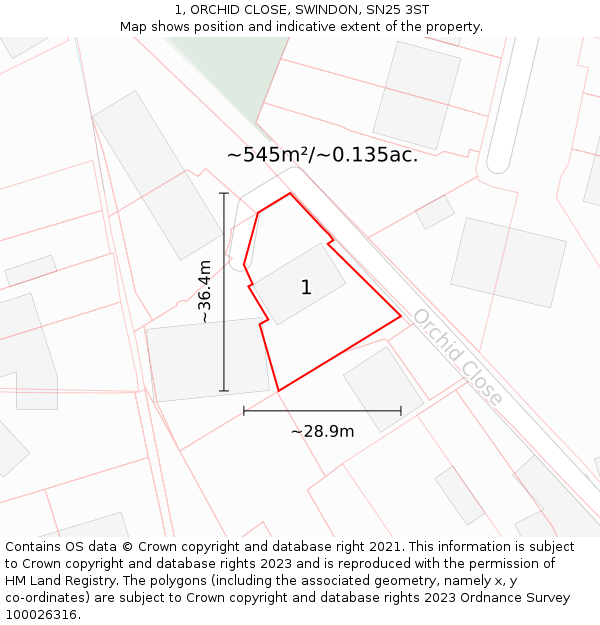 1, ORCHID CLOSE, SWINDON, SN25 3ST: Plot and title map