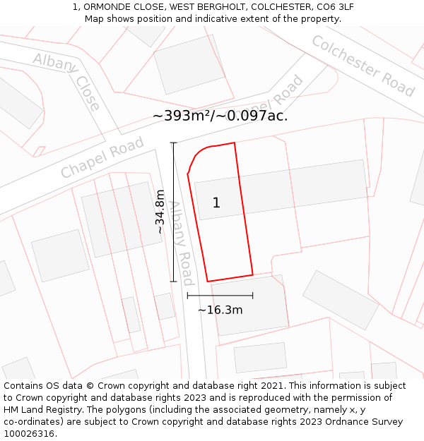 1, ORMONDE CLOSE, WEST BERGHOLT, COLCHESTER, CO6 3LF: Plot and title map