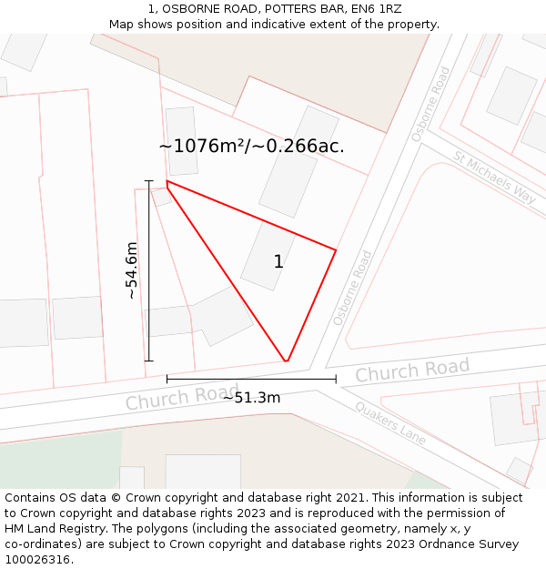 1, OSBORNE ROAD, POTTERS BAR, EN6 1RZ: Plot and title map