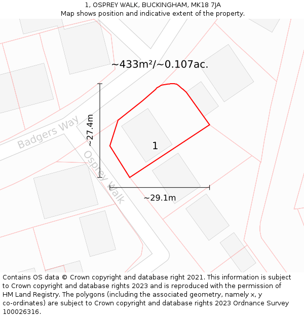 1, OSPREY WALK, BUCKINGHAM, MK18 7JA: Plot and title map