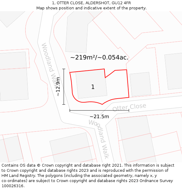 1, OTTER CLOSE, ALDERSHOT, GU12 4FR: Plot and title map