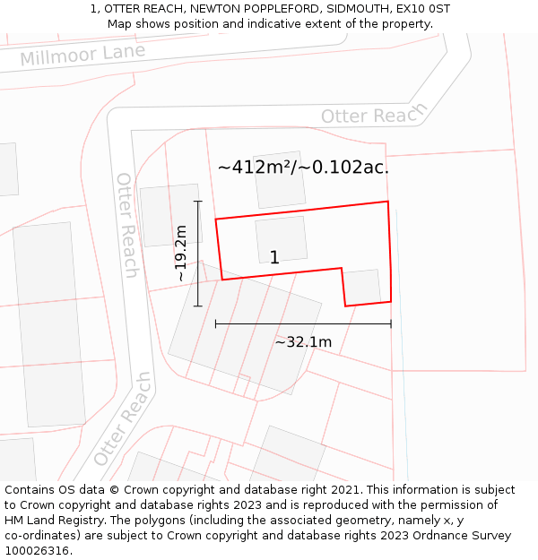 1, OTTER REACH, NEWTON POPPLEFORD, SIDMOUTH, EX10 0ST: Plot and title map