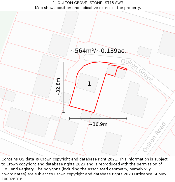 1, OULTON GROVE, STONE, ST15 8WB: Plot and title map