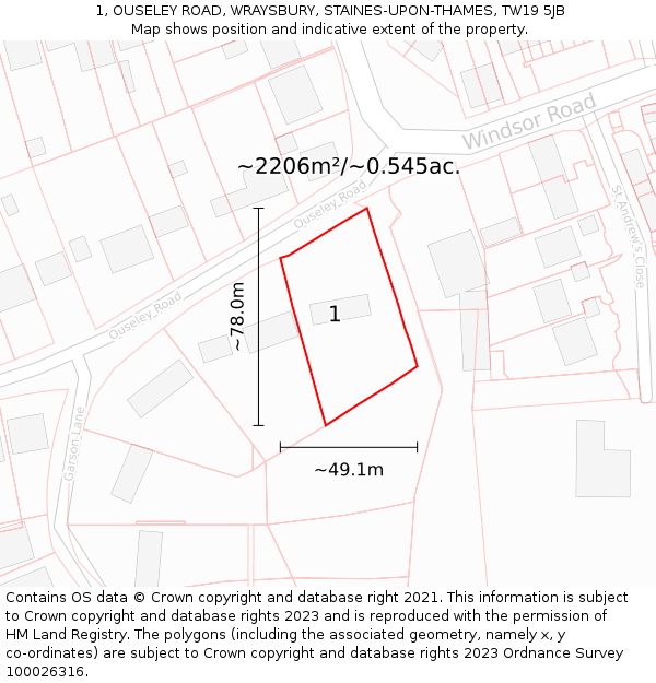 1, OUSELEY ROAD, WRAYSBURY, STAINES-UPON-THAMES, TW19 5JB: Plot and title map