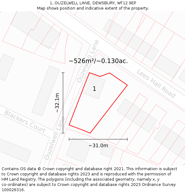 1, OUZELWELL LANE, DEWSBURY, WF12 9EP: Plot and title map