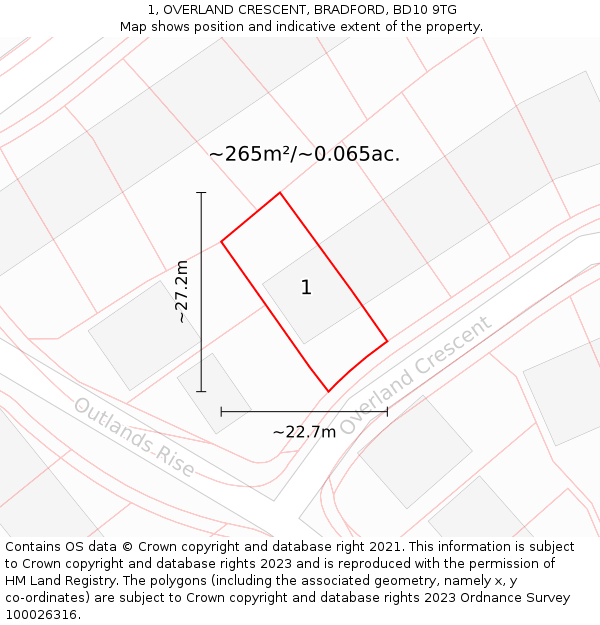 1, OVERLAND CRESCENT, BRADFORD, BD10 9TG: Plot and title map