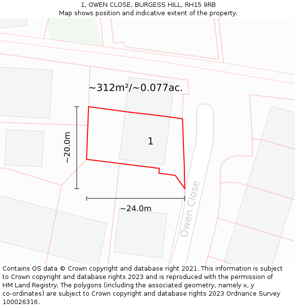 1, OWEN CLOSE, BURGESS HILL, RH15 9RB: Plot and title map