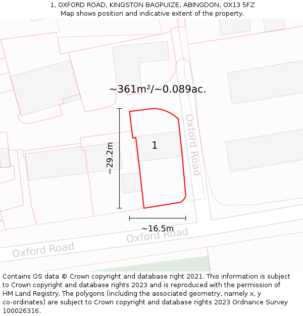 1, OXFORD ROAD, KINGSTON BAGPUIZE, ABINGDON, OX13 5FZ: Plot and title map