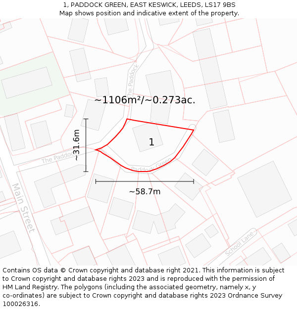 1, PADDOCK GREEN, EAST KESWICK, LEEDS, LS17 9BS: Plot and title map