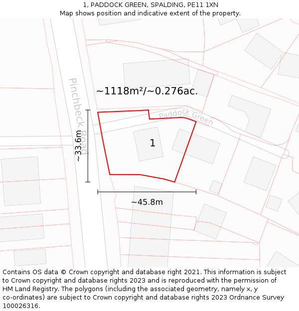 1, PADDOCK GREEN, SPALDING, PE11 1XN: Plot and title map