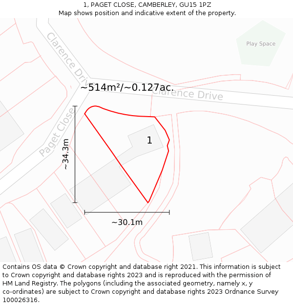 1, PAGET CLOSE, CAMBERLEY, GU15 1PZ: Plot and title map
