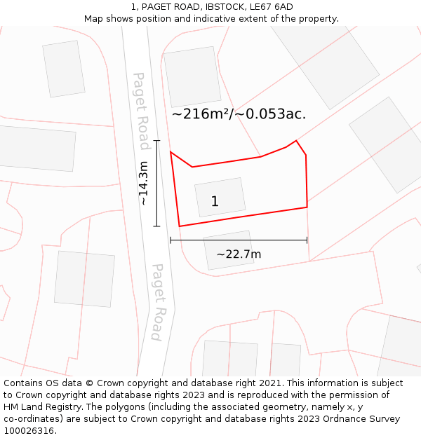 1, PAGET ROAD, IBSTOCK, LE67 6AD: Plot and title map