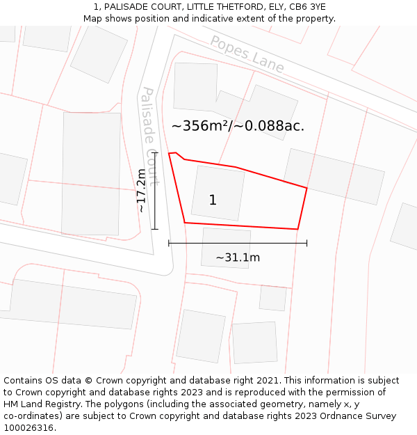 1, PALISADE COURT, LITTLE THETFORD, ELY, CB6 3YE: Plot and title map