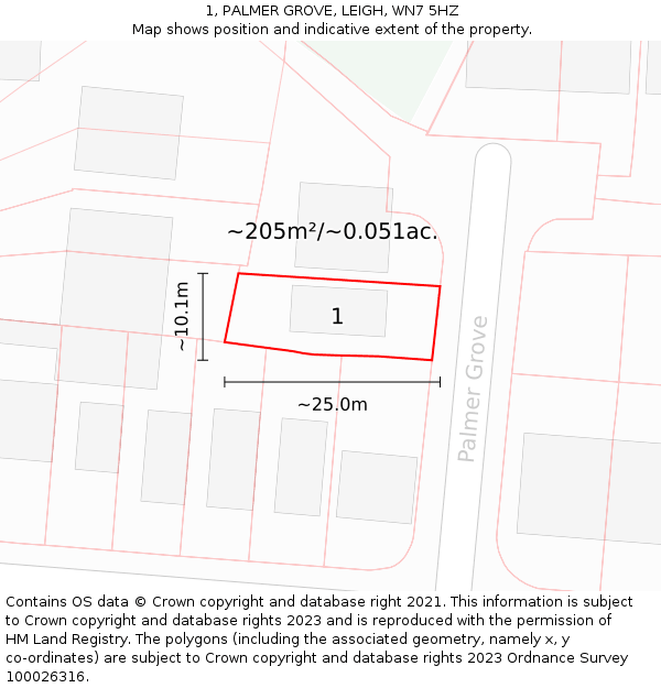 1, PALMER GROVE, LEIGH, WN7 5HZ: Plot and title map