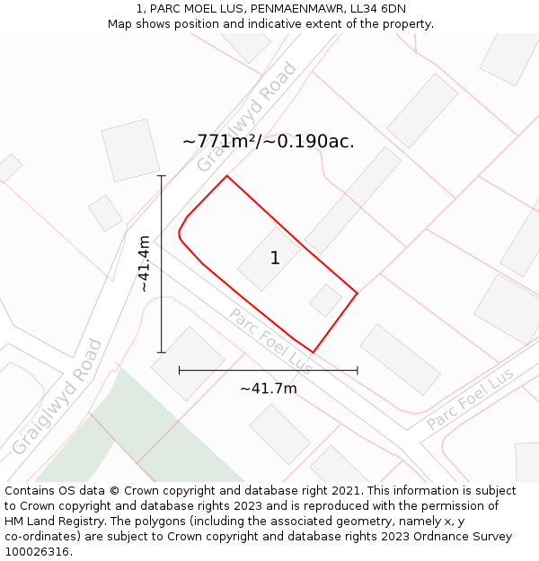 1, PARC MOEL LUS, PENMAENMAWR, LL34 6DN: Plot and title map