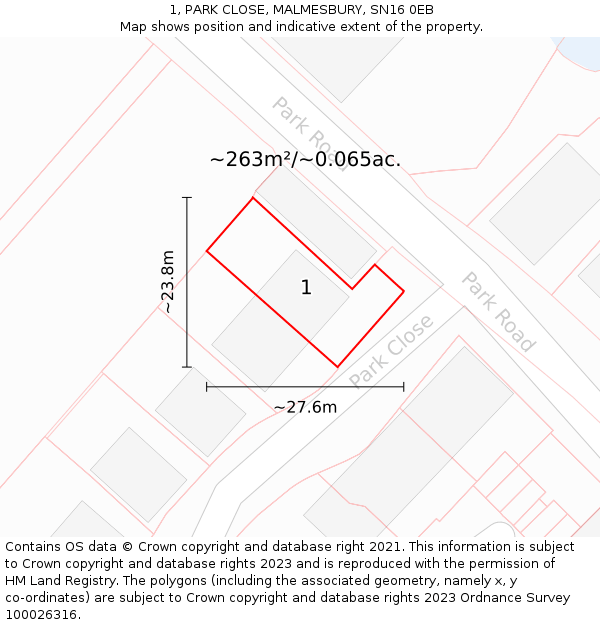 1, PARK CLOSE, MALMESBURY, SN16 0EB: Plot and title map