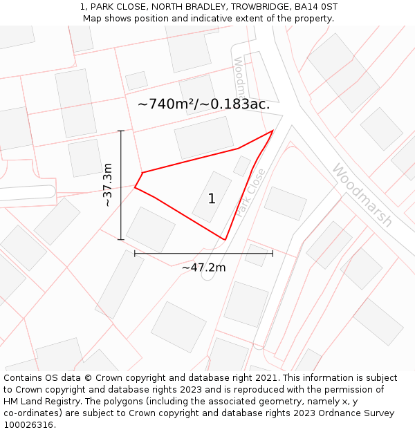 1, PARK CLOSE, NORTH BRADLEY, TROWBRIDGE, BA14 0ST: Plot and title map