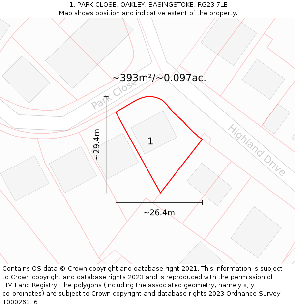 1, PARK CLOSE, OAKLEY, BASINGSTOKE, RG23 7LE: Plot and title map