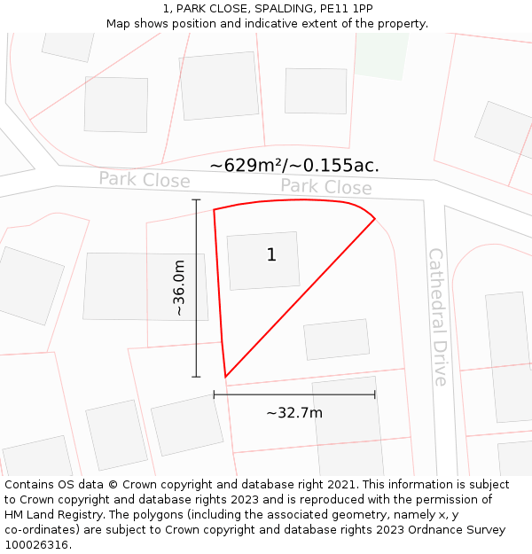 1, PARK CLOSE, SPALDING, PE11 1PP: Plot and title map