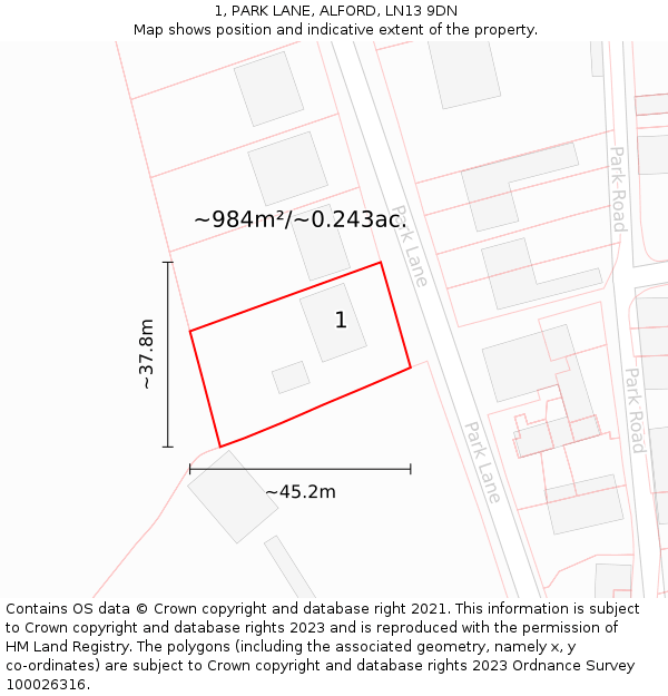 1, PARK LANE, ALFORD, LN13 9DN: Plot and title map