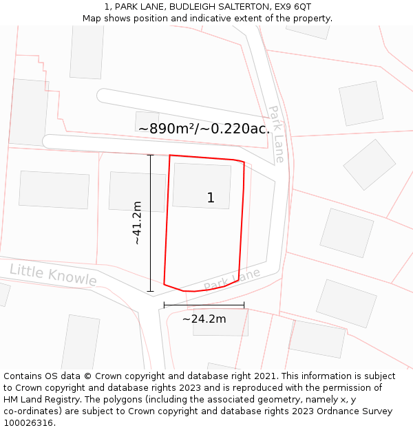 1, PARK LANE, BUDLEIGH SALTERTON, EX9 6QT: Plot and title map