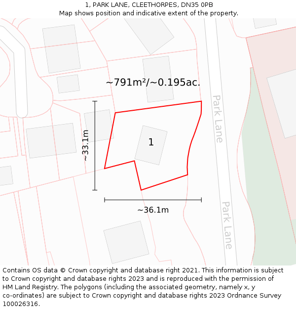 1, PARK LANE, CLEETHORPES, DN35 0PB: Plot and title map