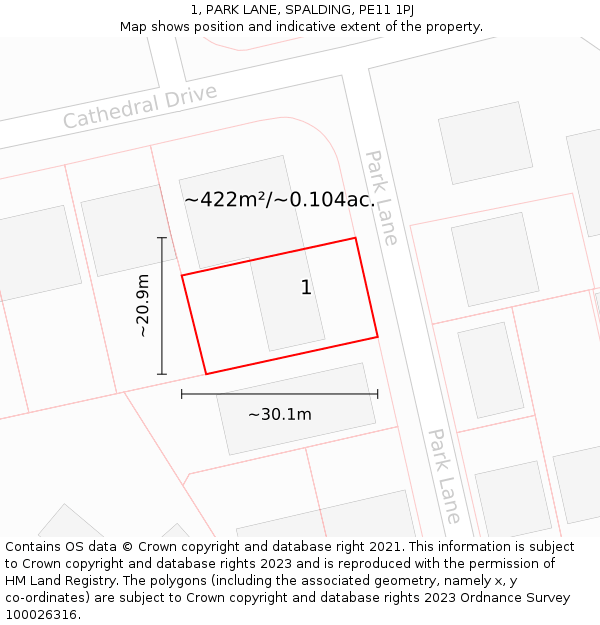 1, PARK LANE, SPALDING, PE11 1PJ: Plot and title map