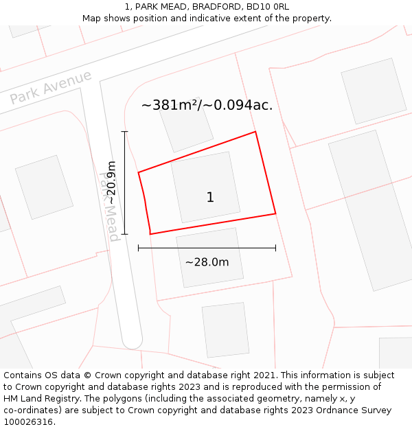 1, PARK MEAD, BRADFORD, BD10 0RL: Plot and title map