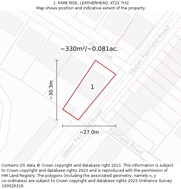 1, PARK RISE, LEATHERHEAD, KT22 7HZ: Plot and title map