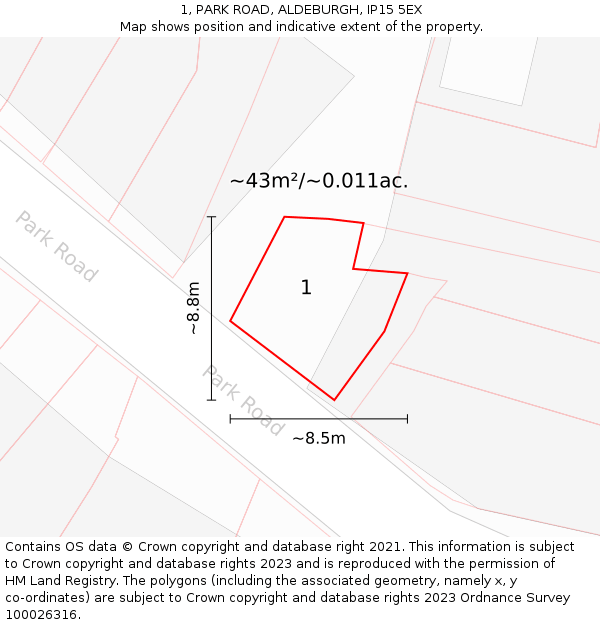 1, PARK ROAD, ALDEBURGH, IP15 5EX: Plot and title map