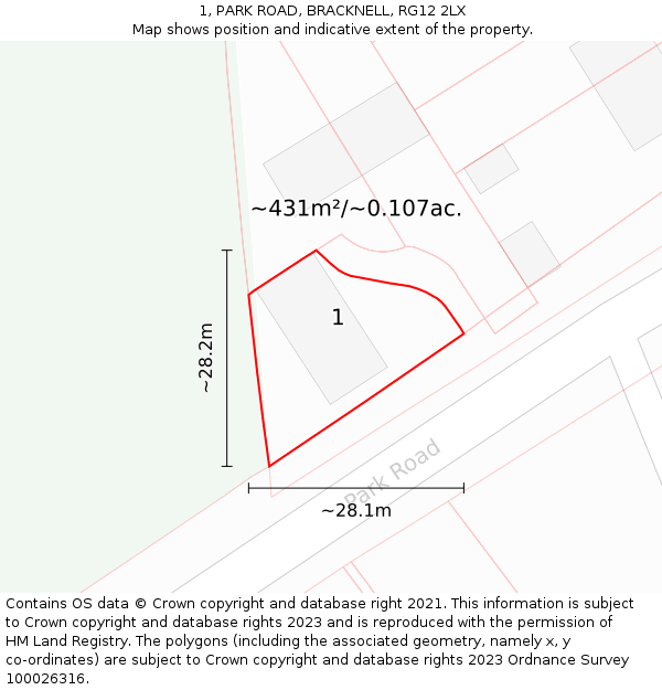 1, PARK ROAD, BRACKNELL, RG12 2LX: Plot and title map