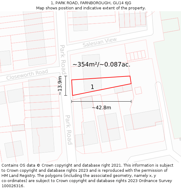 1, PARK ROAD, FARNBOROUGH, GU14 6JG: Plot and title map