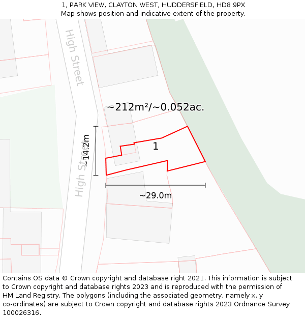 1, PARK VIEW, CLAYTON WEST, HUDDERSFIELD, HD8 9PX: Plot and title map