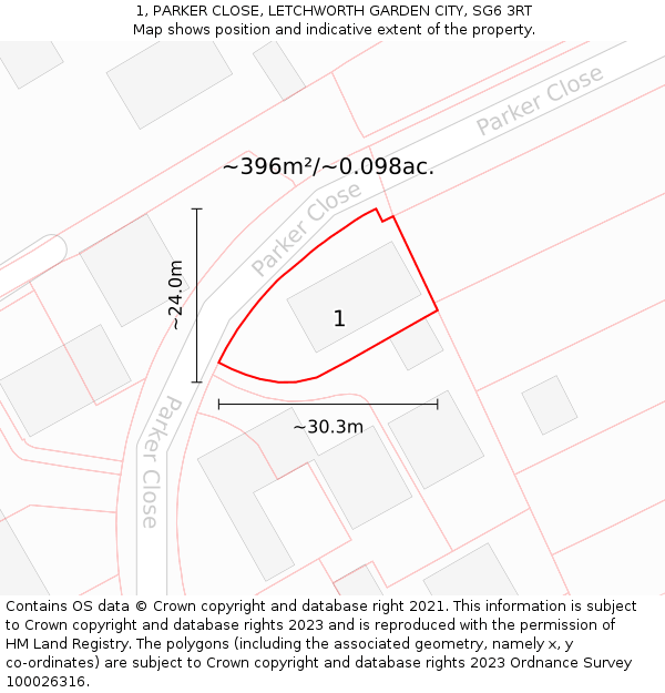 1, PARKER CLOSE, LETCHWORTH GARDEN CITY, SG6 3RT: Plot and title map